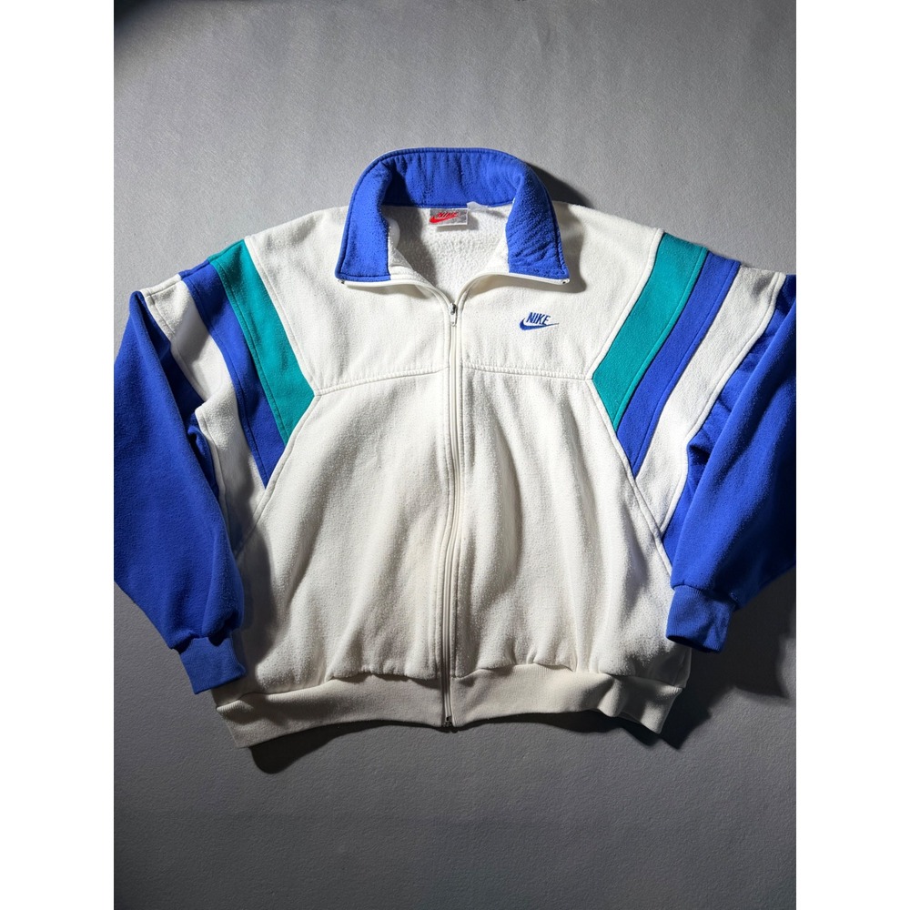 1988 Nike Track Jacket Mens XL White Blue Teal Colorblock Full Zip Fleece - Picture 1 of 6